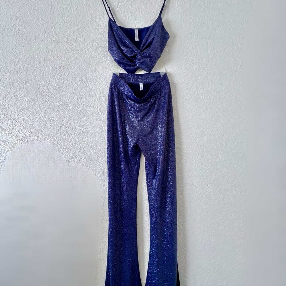Lucy in the Sky Metallic Sparkle Cowl Neck Wide-Leg Jumpsuit - Blue